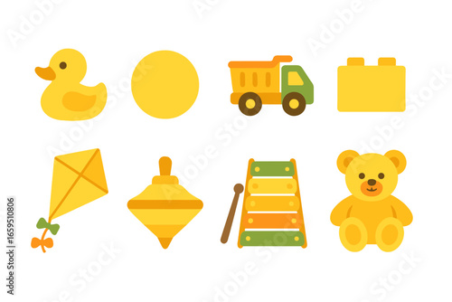 Yellow Toys Collection. Flat vector mini-illustrations yellow toys in colors children's illustrations: rubber duck, yellow ball,