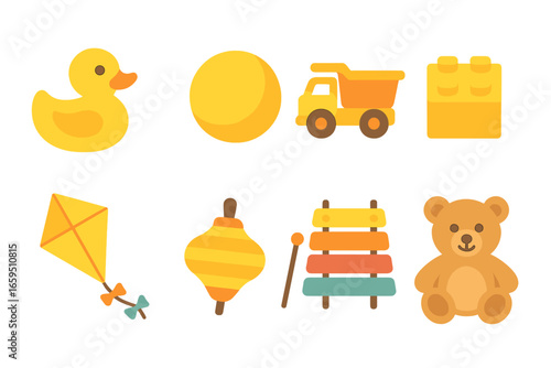 Yellow Toys Collection. Flat vector mini-illustrations yellow toys in colors children's illustrations: rubber duck, yellow ball,