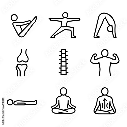 Yoga Fitness Icons. Outline icon set of yoga fitness elements: core strength, endurance, flexibility, joint health, spine