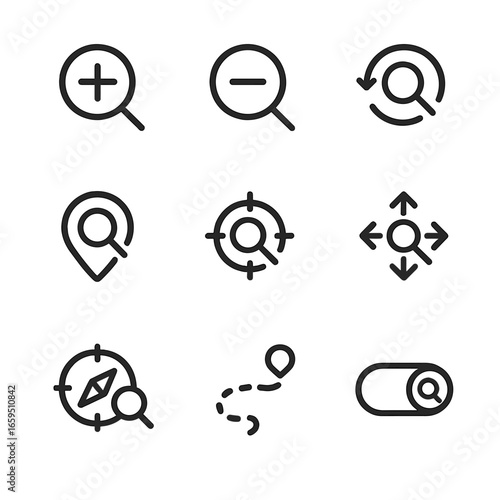 Zoom Navigation Icons. Outline icon set of zoom navigation: zoom in button, zoom out button, zoom reset, zoom map pin, zoom target