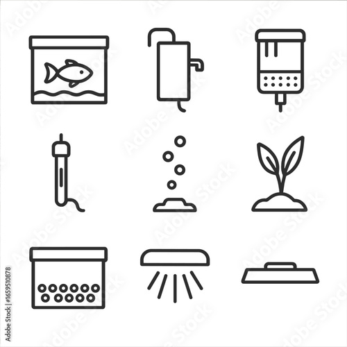 Acrylic Aquarium Icons. Outline icon set of acrylic aquariums and tanks: fish tank, water pump, filter, heater, air bubble,