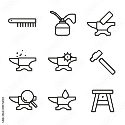 Anvil Maintenance Icons. Outline icon set of anvil maintenance: cleaning brush, oil can, sharpening stone, rust removal, polishing