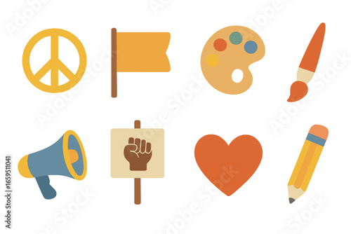 Colorful Justice Icons. Flat vector mini-illustrations art and social justice in colors children's