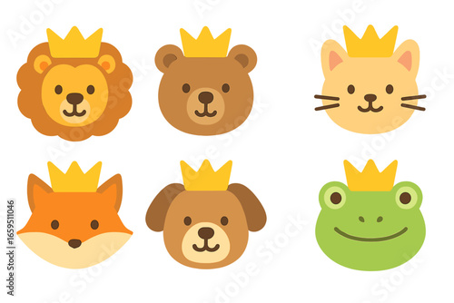 Animal Crown Icons. Flat vector mini-illustrations animal crowns in colors children's illustrations: lion crown, bear crown, cat
