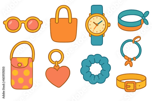 Colorful Kids Accessories. Flat vector mini-illustrations casual accessories in colors children's
