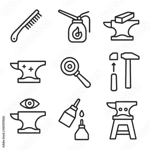 Anvil Maintenance Icons. Outline icon set of anvil maintenance: cleaning brush, oil can, sharpening stone, rust removal, polishing