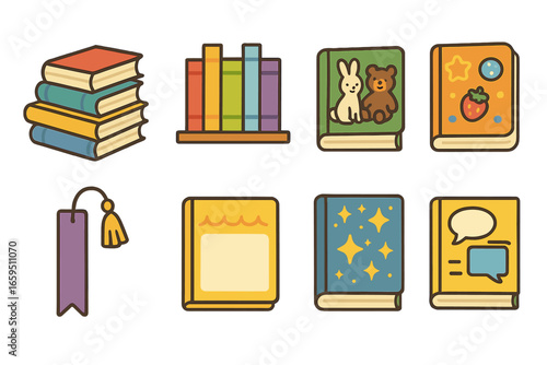 Colorful Kids' Book Icons. Flat vector mini-illustrations of kids’ book collections in colors children's