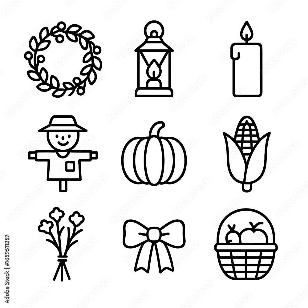 Fototapeta premium Autumn Decoration Icons. Outline icon set of autumn decorations: wreath, lantern, candle, scarecrow, pumpkin, corn husk, dried
