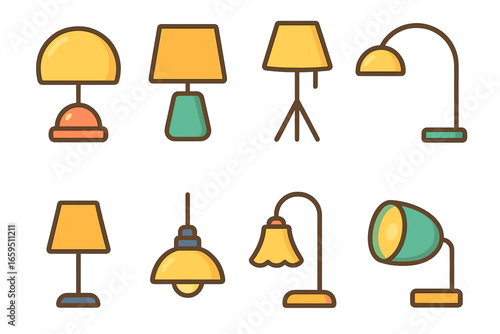 Colorful Lamp Icons. Flat vector mini-illustrations lamp styles and shapes in colors children's illustrations: