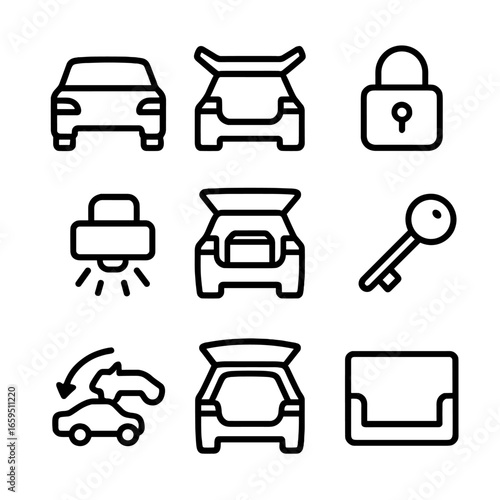 Automotive Trunk Icons. Outline icon set of automotive trunks: car trunk closed, car trunk open, trunk lock, trunk light, trunk