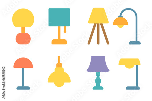Colorful Lamp Icons. Flat vector mini-illustrations lamp styles and shapes in colors children's illustrations: