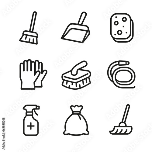 Aviary Cleaning Tools Icons. Outline icon set of aviary cleaning tools: broom, dustpan, sponge, gloves, scrub brush, hose,
