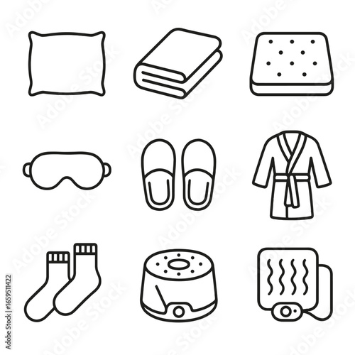 Bedroom Comfort Icons. Outline icon set of bedroom comfort items: pillow, blanket, mattress topper, sleep mask, slippers, robe,
