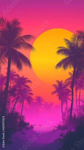 Colorful Tropical Sunset with Palm Tree Silhouette Background,generative ai	