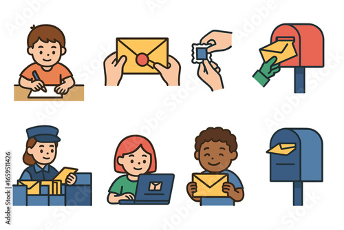 Colorful Mail Journey. Flat vector mini-illustrations of sending a letter in colors children's illustrations:
