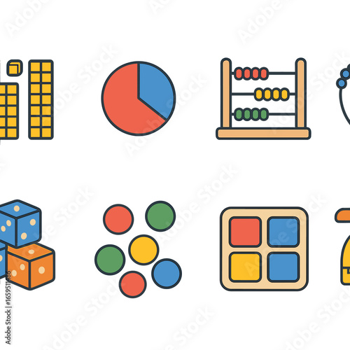 Colorful Math Tools. Flat vector mini-illustrations using math manipulatives in colors children's