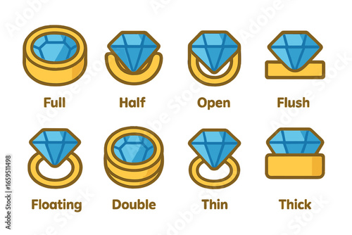Bezel Settings Comparison. Flat vector mini-illustrations bezel settings comparison in colors children's illustrations: full bezel