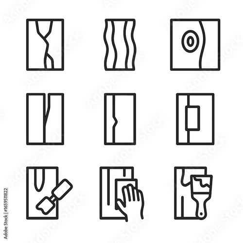 Board Defects Icons. Outline icon set of board defects and repairs: crack, warp, knot, split, chip, patch, filler, sanding,