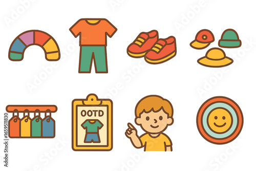 Colorful Outfit Selection. Flat vector mini-illustrations Choosing outfits with color themes in colors