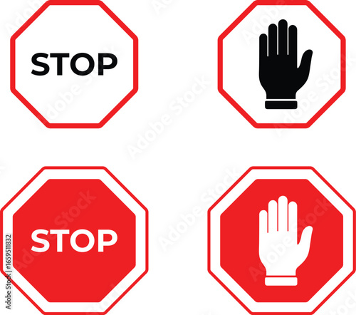 Four octagonal stop signs featuring the word stop and a hand symbol in black and white and red and white