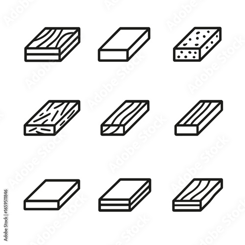 Board Material Icons. Outline icon set of board construction materials: plywood, MDF board, particle board, OSB board, hardwood