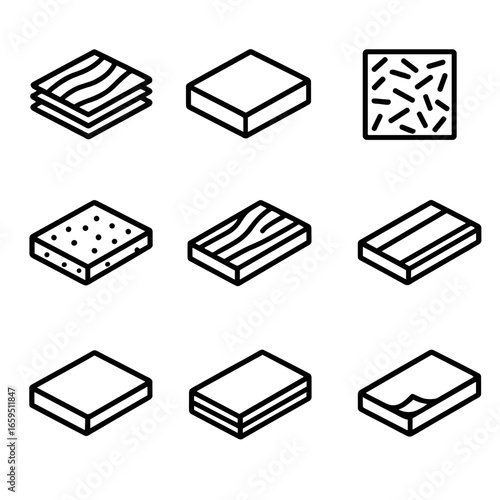 Board Material Icons. Outline icon set of board construction materials: plywood, MDF board, particle board, OSB board, hardwood