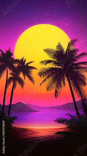 Colorful Tropical Sunset with Palm Tree Silhouette Background,generative ai
