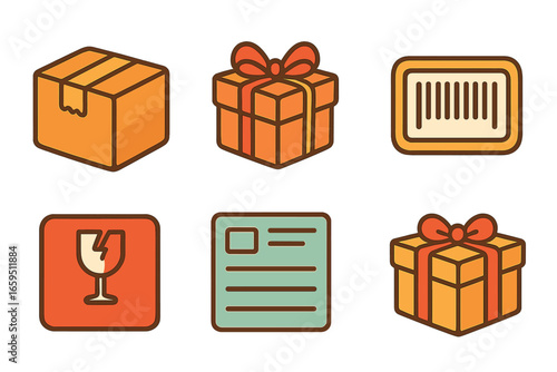 Colorful Parcel Icons. Flat vector mini-illustrations of sealed parcel in colors children's illustrations: