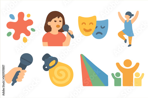 Colorful Performance Icons. Flat vector mini-illustrations Performance art with live singing in colors
