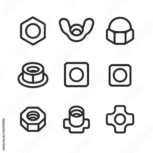 Bolt Fastener Icons. Outline icon set of bolt fasteners: hex nut, wing nut, lock nut, cap nut, flange nut, square nut, jam nut,