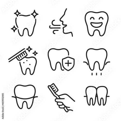 Brushing Teeth Icon Set. Outline icon set of brushing teeth hygiene signs: sparkling teeth, fresh breath, clean smile, plaque