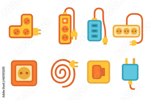 Colorful Power Icons. Flat vector mini-illustrations multi-outlet adapters in colors children's illustrations: