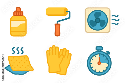 Colorful Protective Tools. Flat vector mini-illustrations sealing and protecting surfaces in colors children's
