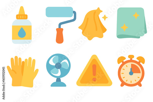 Colorful Protective Tools. Flat vector mini-illustrations sealing and protecting surfaces in colors children's