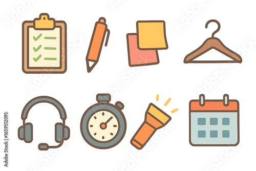 Colorful Prop Icons. Flat vector mini-illustrations costume and prop tracking in colors children's