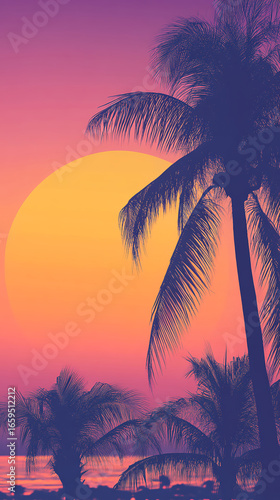 Colorful Tropical Sunset with Palm Tree Silhouette Background,generative ai