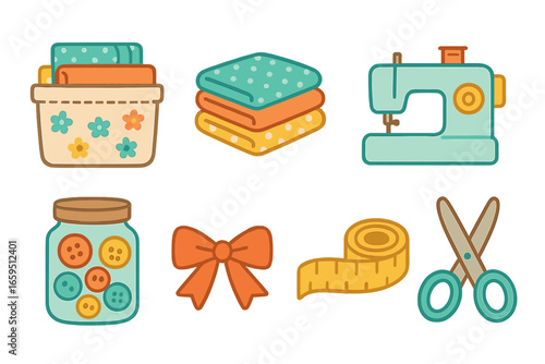 Colorful Sewing Tools. Flat vector mini-illustrations Fabric basket storage in colors children's illustrations