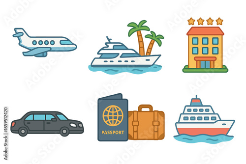 Children's Luxury Travel Icons. Flat vector mini-illustrations exclusive travel in colors children's illustrations: private jet,