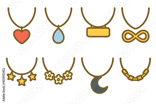 Children's Necklace Illustrations. Flat vector mini-illustrations white gold necklaces in colors children's illustrations: heart