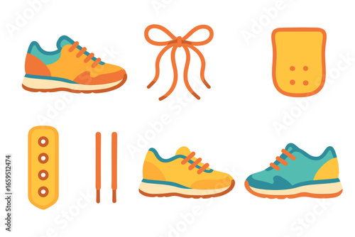Colorful Shoe Illustrations. Flat vector mini-illustrations lacing up shoes in colors children's illustrations