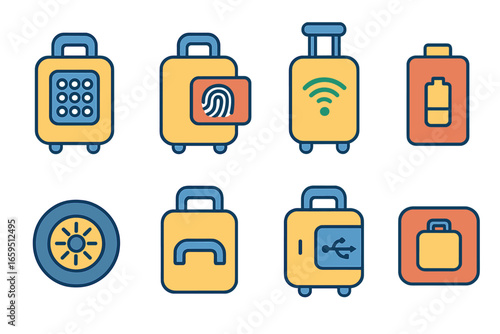 Colorful Smart Suitcases. Flat vector mini-illustrations Digital lock suitcases in colors children's