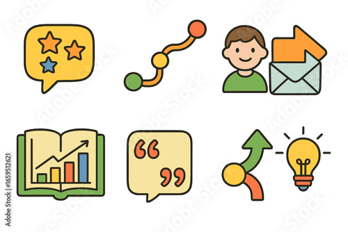 Colorful Storytelling Icons. Flat vector mini-illustrations Storytelling in business talks in colors