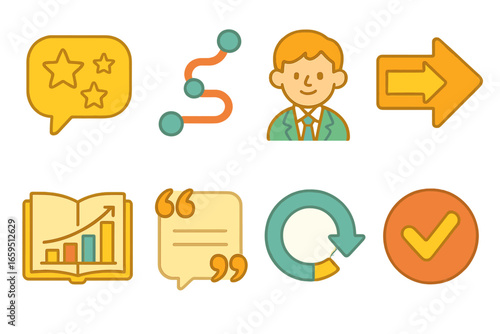 Colorful Storytelling Icons. Flat vector mini-illustrations Storytelling in business talks in colors