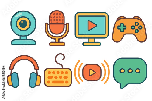 Colorful Streaming Icons. Flat vector mini-illustrations streaming platforms in colors children's