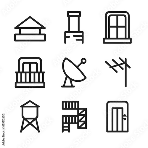 Cityscape Icon Set. Outline icon set of cityscape details: rooftop, chimney, window, balcony, satellite dish, antenna, water tower
