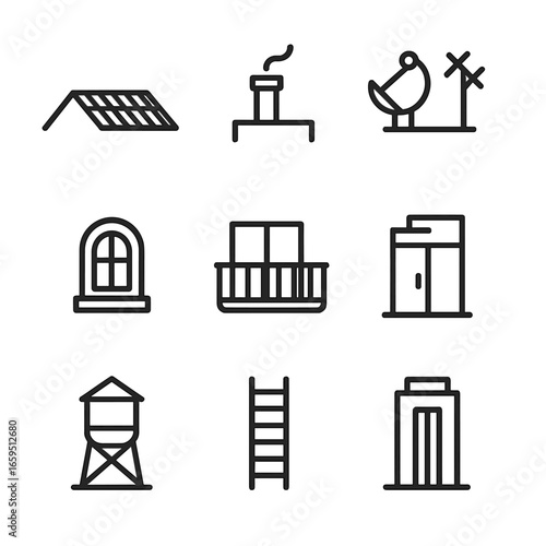 Cityscape Icon Set. Outline icon set of cityscape details: rooftop, chimney, window, balcony, satellite dish, antenna, water tower