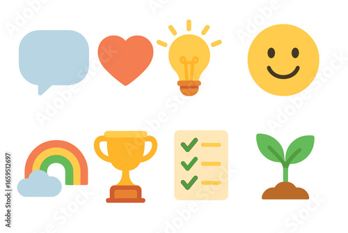 Colorful Success Icons. Flat vector mini-illustrations Success affirmations in colors children's illustrations