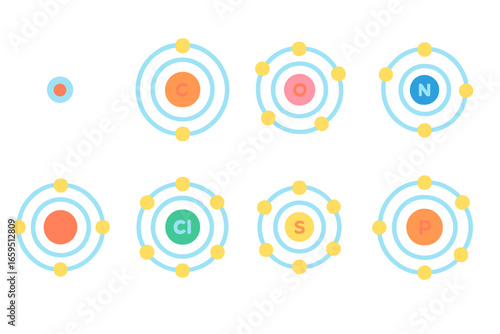 Colorful Atomic Icons. Flat vector mini-illustrations valence electrons in colors children's illustrations: hydrogen atom, carbon
