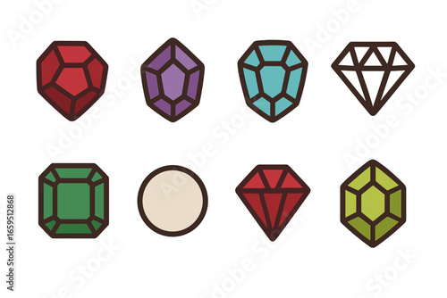 Colorful Birthstone Icons. Flat vector mini-illustrations birthstones in colors children's illustrations: garnet, amethyst,