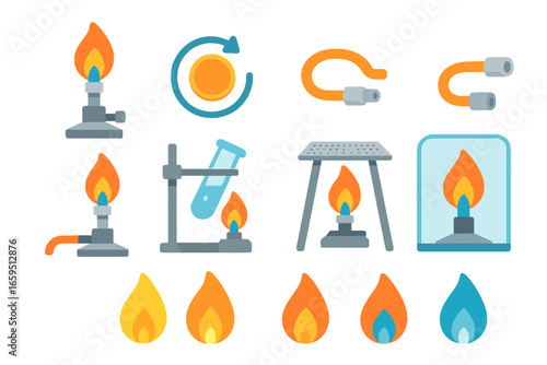 Colorful Bunsen Burner Icons. Flat vector mini-illustrations bunsen burner in colors children's illustrations: bunsen burner lit,